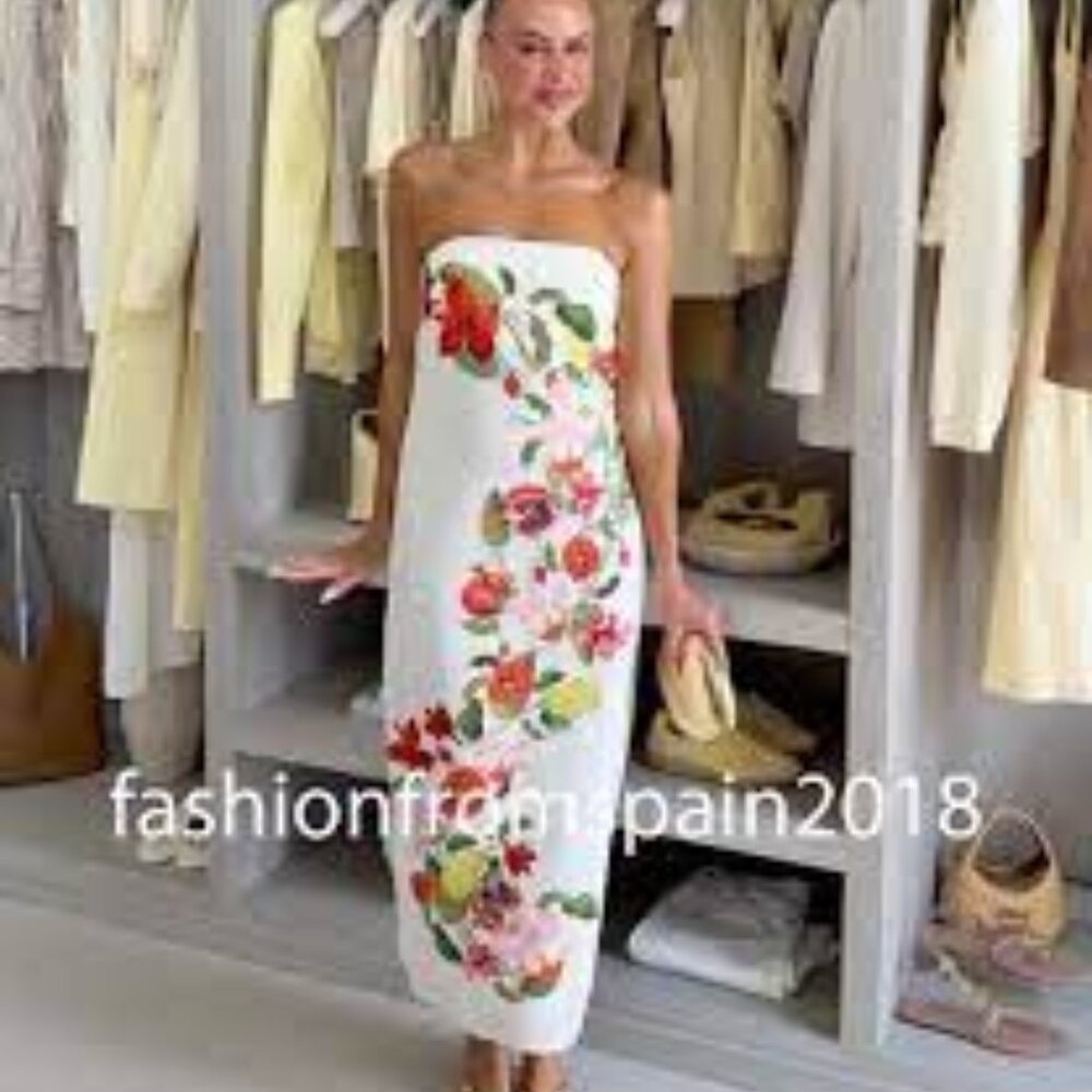 H&M NEW WOMAN MIDI OFFSHOULDER Printed Linen-blend Dress WHITE FLORAL 1303752001